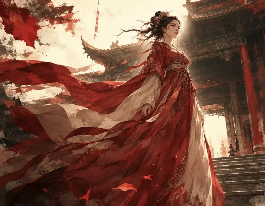 逆袭爽剧区主视觉：红衣女主立于石阶